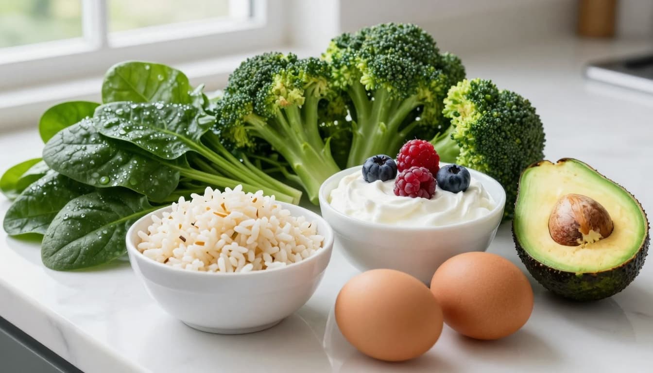 Photo-realistic image of various low-carb foods including fresh spinach leaves, broccoli florets, cauliflower rice, whole eggs, plain Greek yogurt topped with berries, and half an avocado, neatly arranged on a white marble kitchen counter under bright natural daylight.