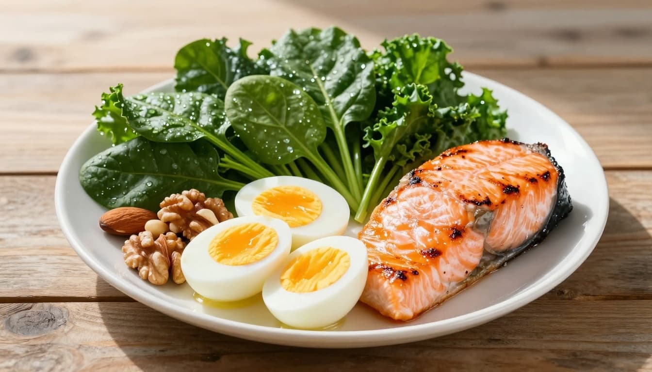 Photo-realistic image of a vibrant plate filled with the best low-carb foods for weight loss, including fresh spinach and kale, sliced boiled eggs, grilled salmon, and mixed nuts, arranged on a white ceramic plate on a rustic wooden table with soft morning sunlight.