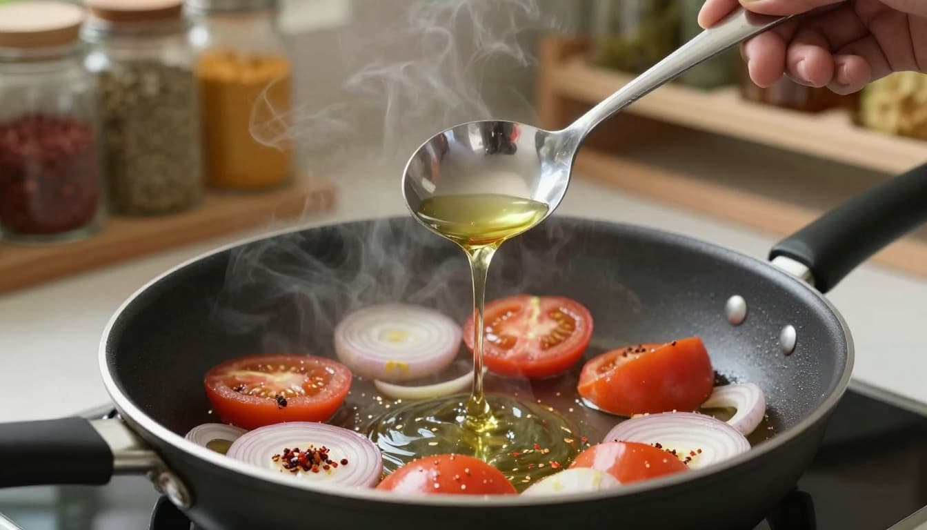 A hand pours precisely measured oil from a spoon into a non-stick pan containing onions, tomatoes, and spices while cooking vegetables using a healthy low-oil method in a cozy Indian kitchen.