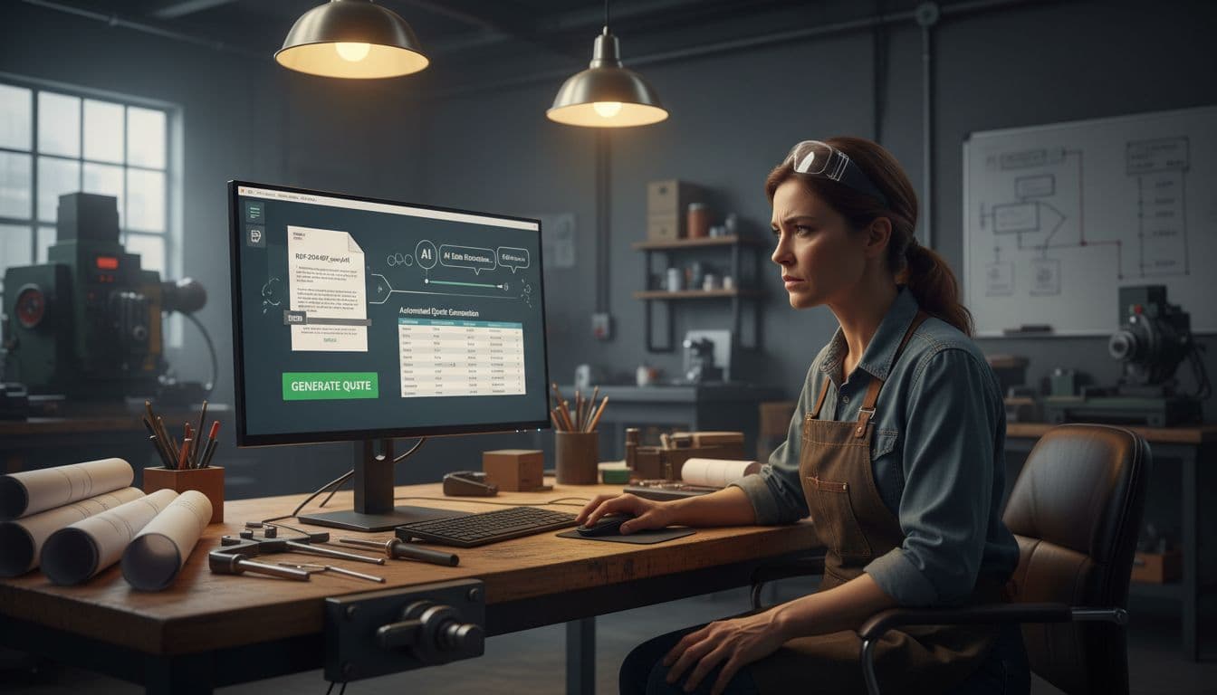Photo-realistic image of a manufacturing engineer at a workstation uploading an RFQ PDF to a SaaS dashboard, where AI extracts data and generates a precise quote, with tools and blueprints in a hybrid workshop-office under industrial lighting.