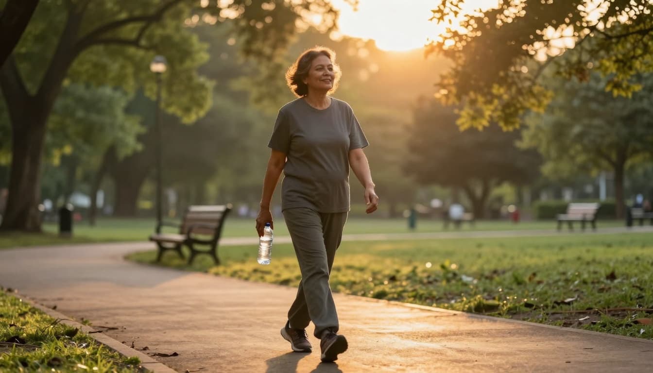 Photo realistic image of a middle-aged person walking gently on a park path at sunset, holding a water bottle in one hand, wearing comfortable shoes and casual clothes with a relaxed smile. Golden hour sunlight filters through trees, casting warm glows on the path and greenery in this peaceful outdoor scene.