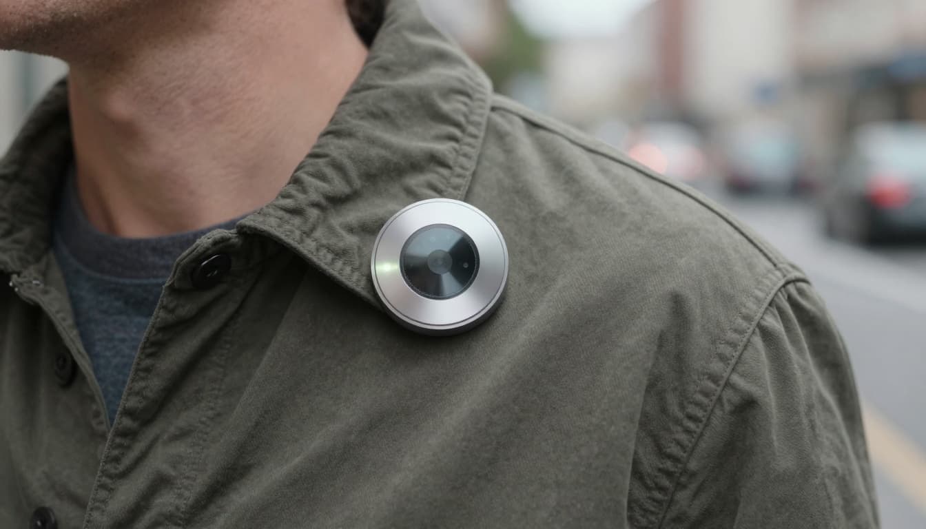 A realistic photo of a small aluminum and glass disc-shaped wearable AI pin, similar in size to an AirTag, attached to a casual jacket collar. It features a subtle glowing LED and visible front cameras, with a person walking in a blurred daytime urban street.