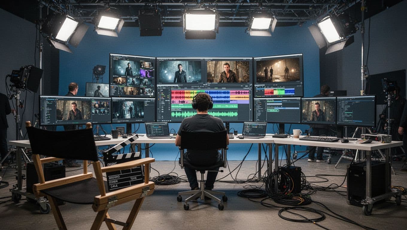 A bustling film production set in a modern studio with a director's chair and clapperboard in the foreground, and computer workstations showing video editing timelines in the background. One focused professional wearing headphones works at the central workstation amid high-tech lighting and equipment.