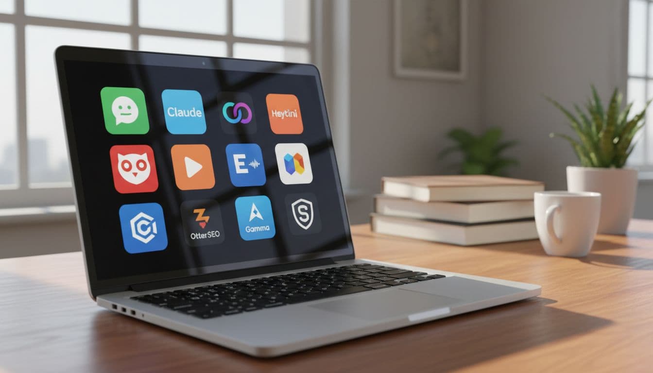 Laptop showing a collage of AI tools Laptop showing a collage of AI tools