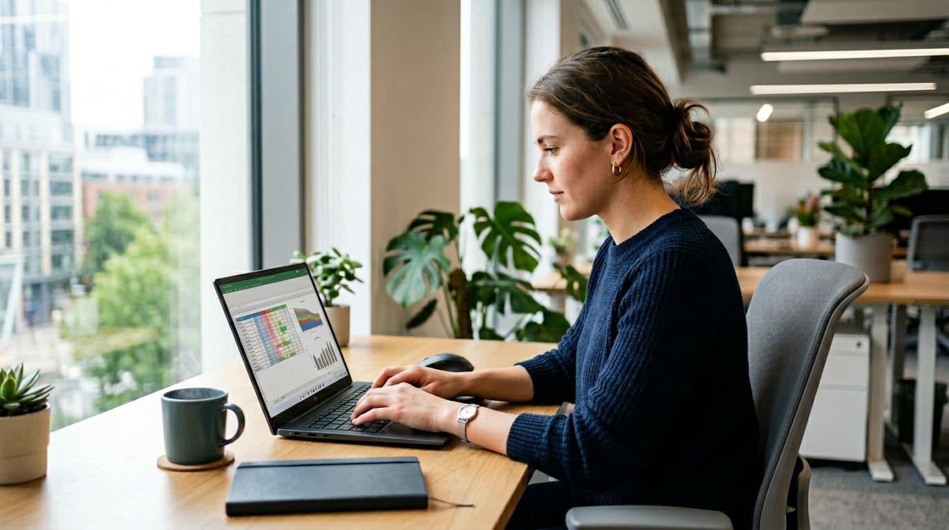 A modern office worker at a desk uses a laptop showing AI-enhanced spreadsheet tools like Excel, with a coffee mug nearby, focused expression, and natural window light in realistic photography style.
