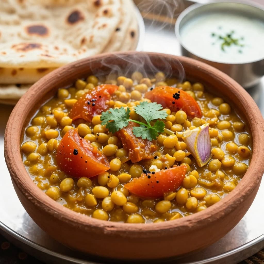 Detailed realistic photo of moong dal curry cooked in a clay pot with tomatoes, onions, and spices, garnished with coriander leaves, served on a traditional Indian thali with roti and yogurt.
