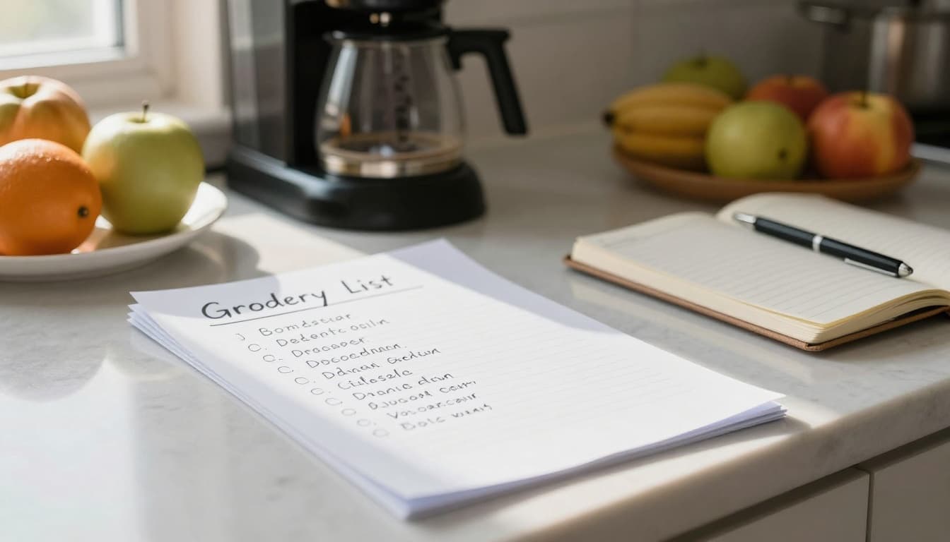 Handwritten grocery list on a kitchen counter
