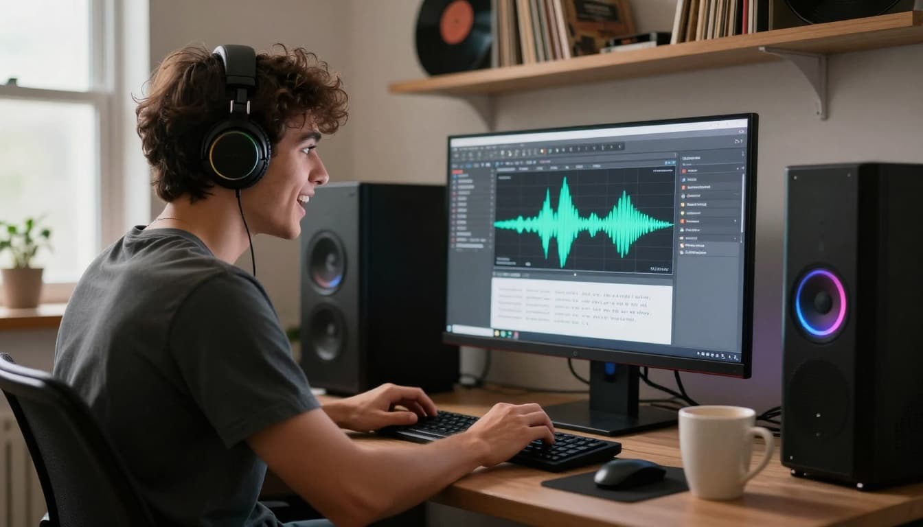 Photo-realistic depiction of a young musician in a cozy home studio, intently focused on a computer screen displaying an AI music generation interface with waveforms and lyrics, wearing headphones, with a coffee mug nearby and soft natural light.