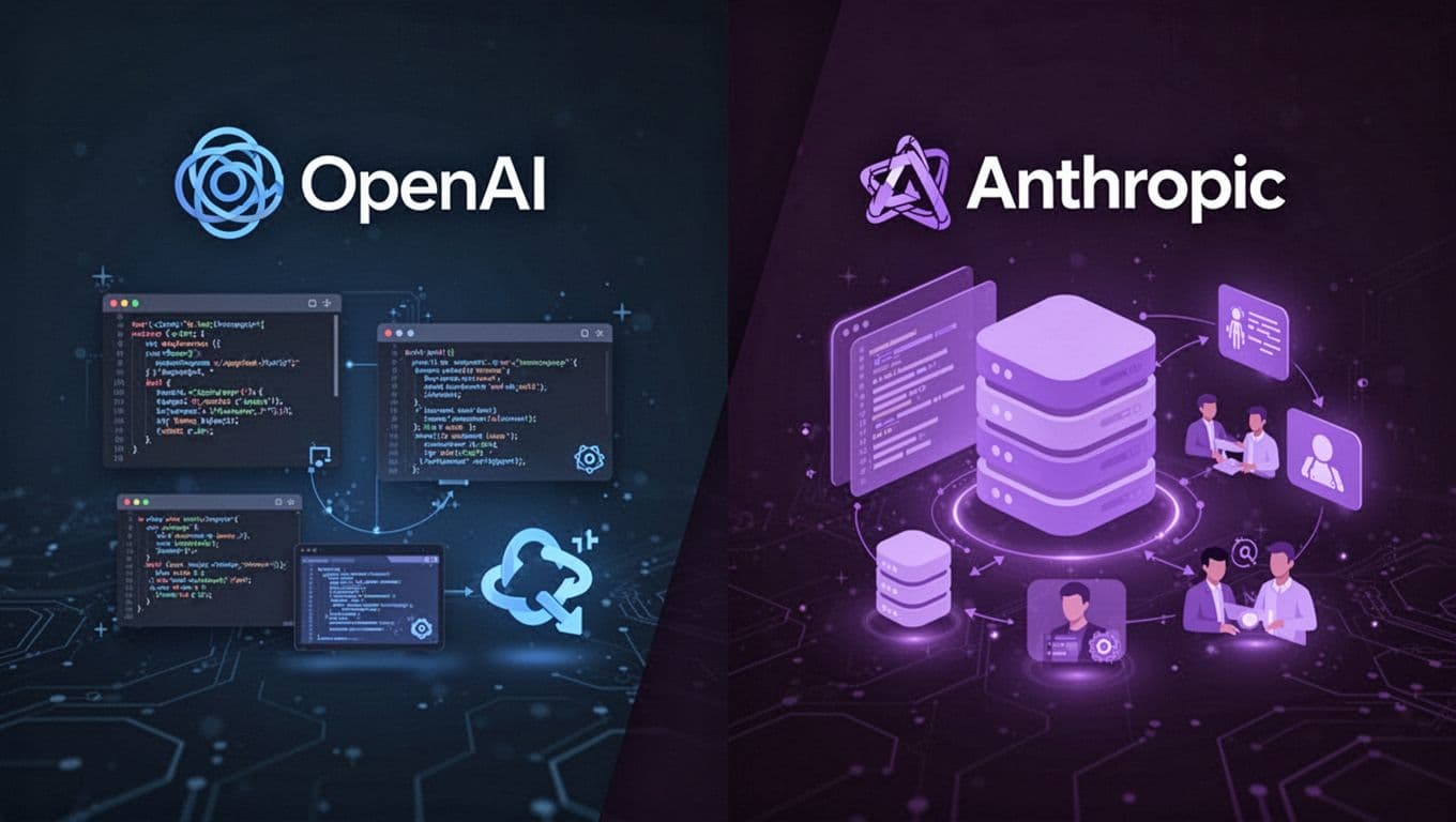 Split-screen vector illustration contrasting OpenAI logo with blue code tools on left and Anthropic logo with purple collaboration icons on right, over dark tech gradient.