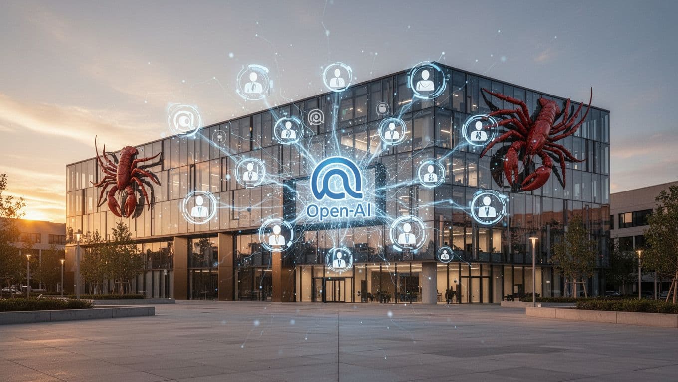 Photorealistic view of OpenAI's modern headquarters at golden hour dusk, featuring overlaid emerging AI agent icons symbolizing next-gen personal assistants and subtle claw-lobster motifs in the architecture details.