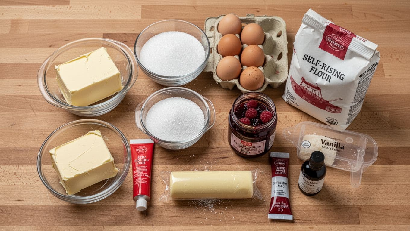 Overhead view of budget Battenberg cake ingredients neatly arranged on a wooden kitchen counter, including butter, sugar, eggs, flour, raspberry jam, red food coloring, marzipan, and vanilla extract in simple containers. Realistic still life photography with soft lighting, high detail on textures, and an appetizing, organized mood for recipe preparation.