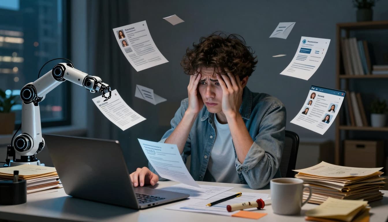 Overwhelmed Gen Z job seeker surrounded by symbols of AI, college, and rejection emails. Image created with AI. Overwhelmed Gen Z job seeker surrounded by symbols of AI, college, and rejection emails. Image created with AI.