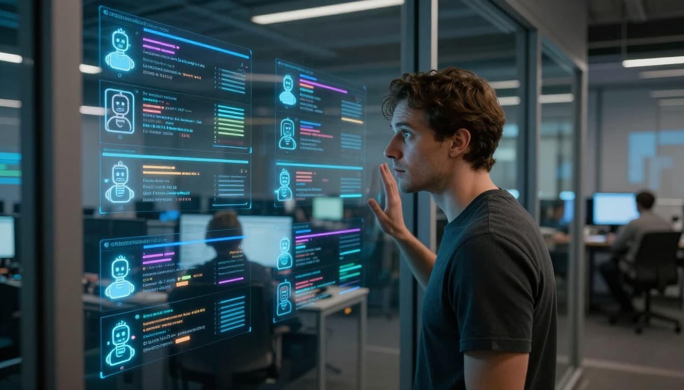 Photo realistic image of a person standing outside looking through a clear glass window into a bustling online forum room filled with glowing robot icons actively posting threads and commenting on colorful screens.