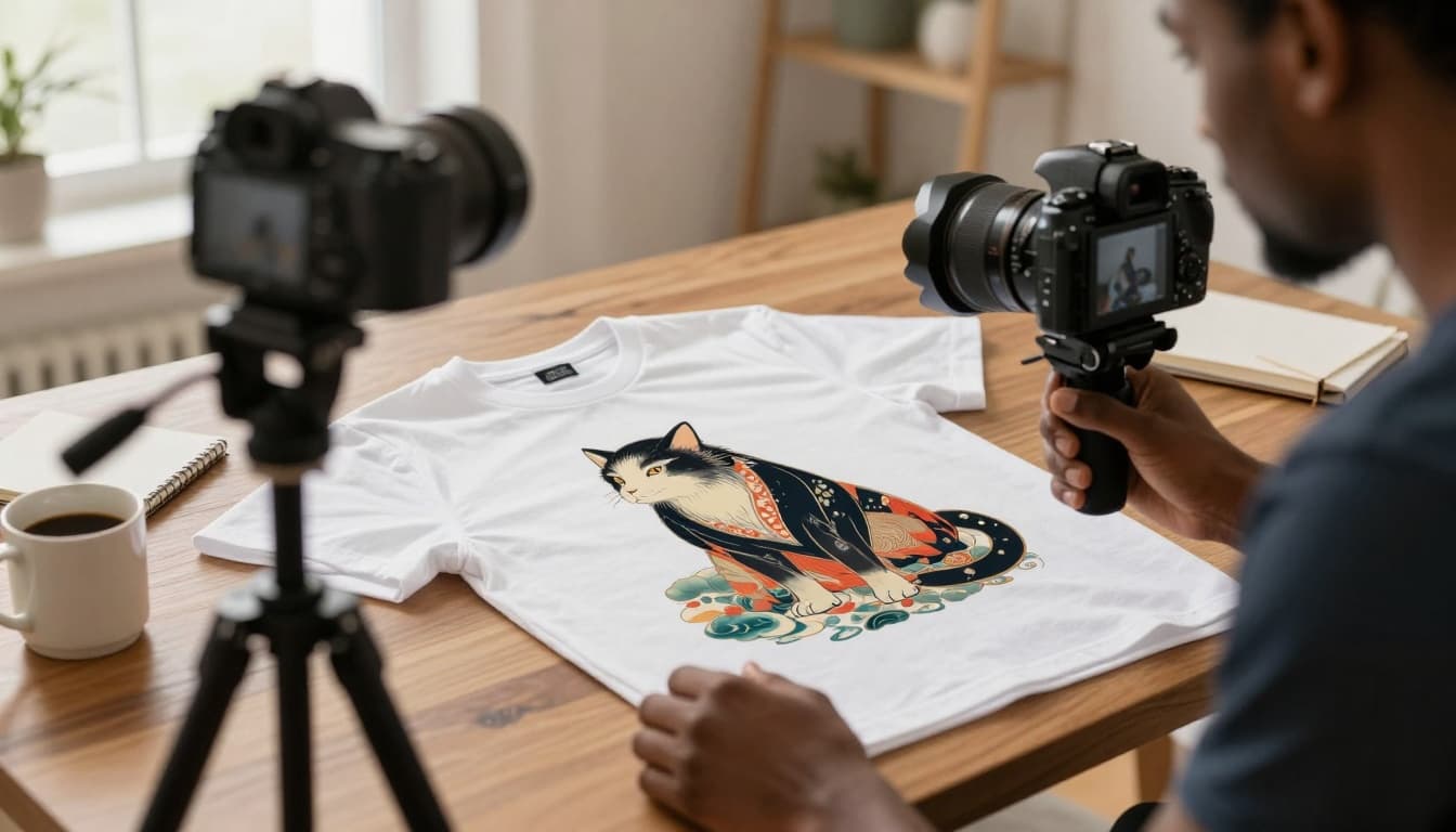 Photo-realistic image of a focused photographer in a casual home studio shooting a flat lay t-shirt with a unique AI-generated ukiyo-e style animal design on a wooden table, complete with camera on tripod, soft window lighting, and props like coffee mug and notebook.