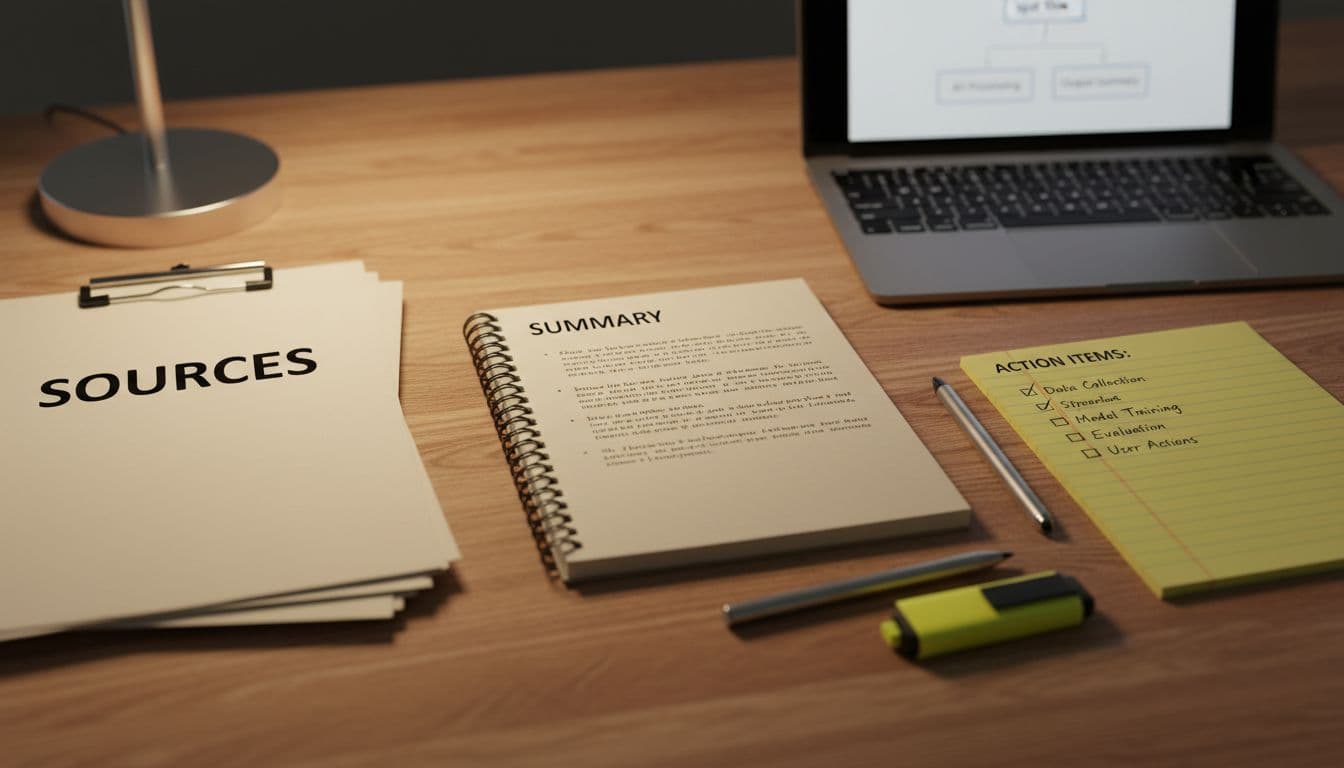 Photorealistic close-up of a wooden desk displaying sources papers on the left, open summary notebook in the middle, action items pad on the right, with a blurred laptop, pen, highlighter, and warm lamp light evoking a focused study mood.