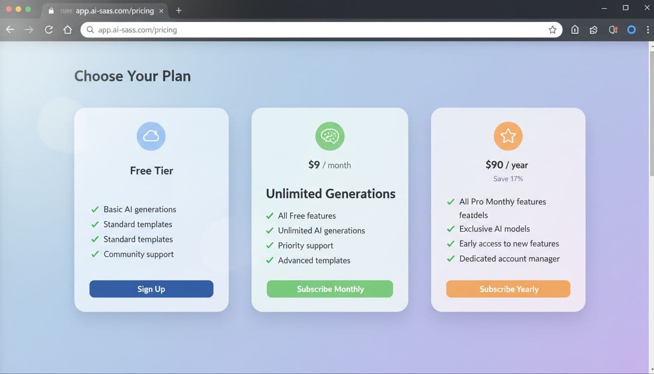 Photo-realistic screenshot of a professional AI SaaS pricing page showing three plans: Free tier, Pro monthly at $9 with unlimited generations, and Pro yearly at $90 with extras. Features clean cards with icons, checkmarks, signup buttons in a desktop browser window on a subtle gradient background with realistic screen glare.