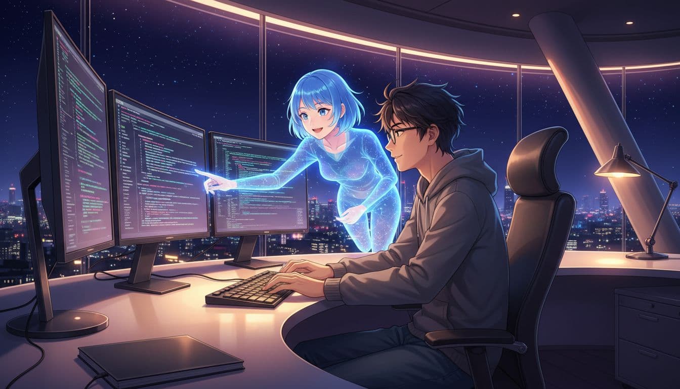 Developer collaborating with an AI assistant at a desk