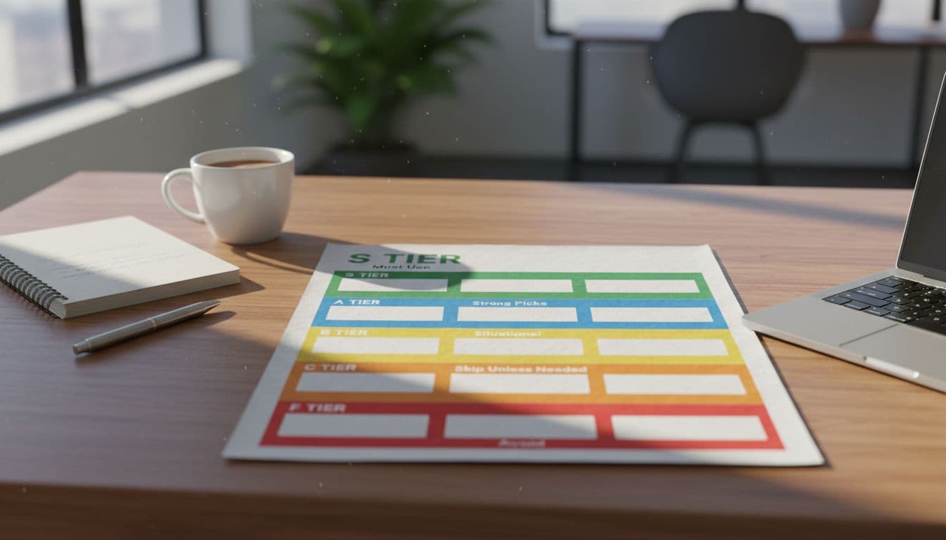 A photo-realistic image of a large printed tier list chart for tools on a wooden desk in a bright modern office with sunlight streaming through a window. The chart has empty slots in S (Must Use), A (Strong Picks), B (Situational), C (Skip Unless Needed), and F (Avoid) tiers, surrounded by a notebook, pen, coffee mug, and laptop for realistic context.