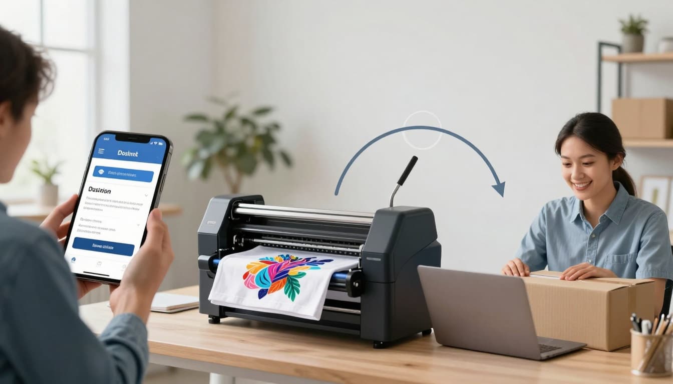Photorealistic illustration of the print-on-demand t-shirt business process, showing a customer placing an order on a phone, a printing press producing a colorful AI-designed t-shirt, and delivery with a seller checking profits on a laptop, connected by simple arrows in a modern office.