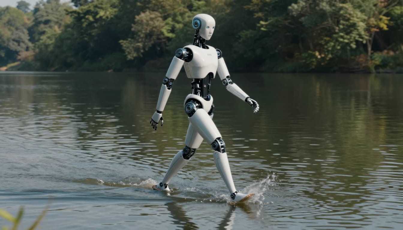 A slim, lightweight humanoid AI robot strides across a calm pond surface with long legs, creating ripples and showing shape-shifting features, in natural daylight with forest background and motion blur.