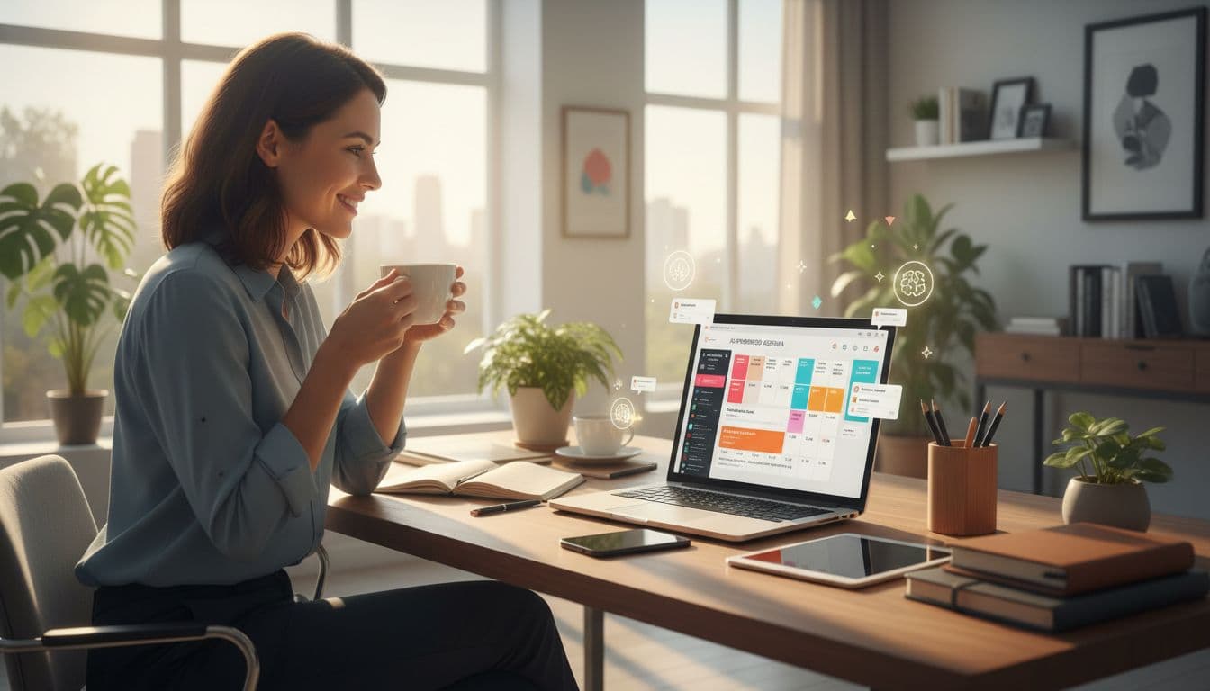 A busy entrepreneur using an AI-scheduled digital calendar in a modern home office.
