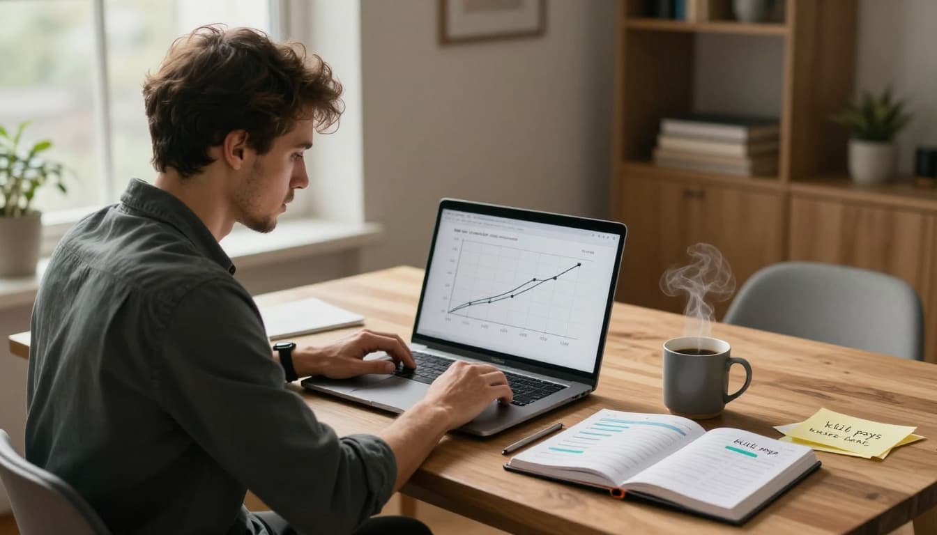 A focused young adult works at a modern wooden desk in a bright home office illuminated by natural light, with a laptop showing upward-trending line graphs comparing time input, skill level, and earnings potential. Surrounding elements include an open calendar planner, steaming coffee mug, and notes highlighting 'skill pays' and 'hours don't', evoking a mood of determination and balance.