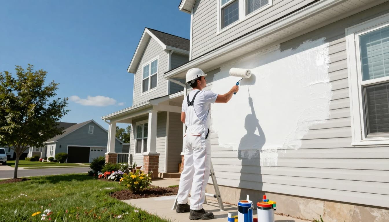 A professional painter in white overalls and helmet applies fresh white paint with a roller to the exterior of a two-story suburban home, using a ladder on a sunny afternoon with blue skies and green lawn below.