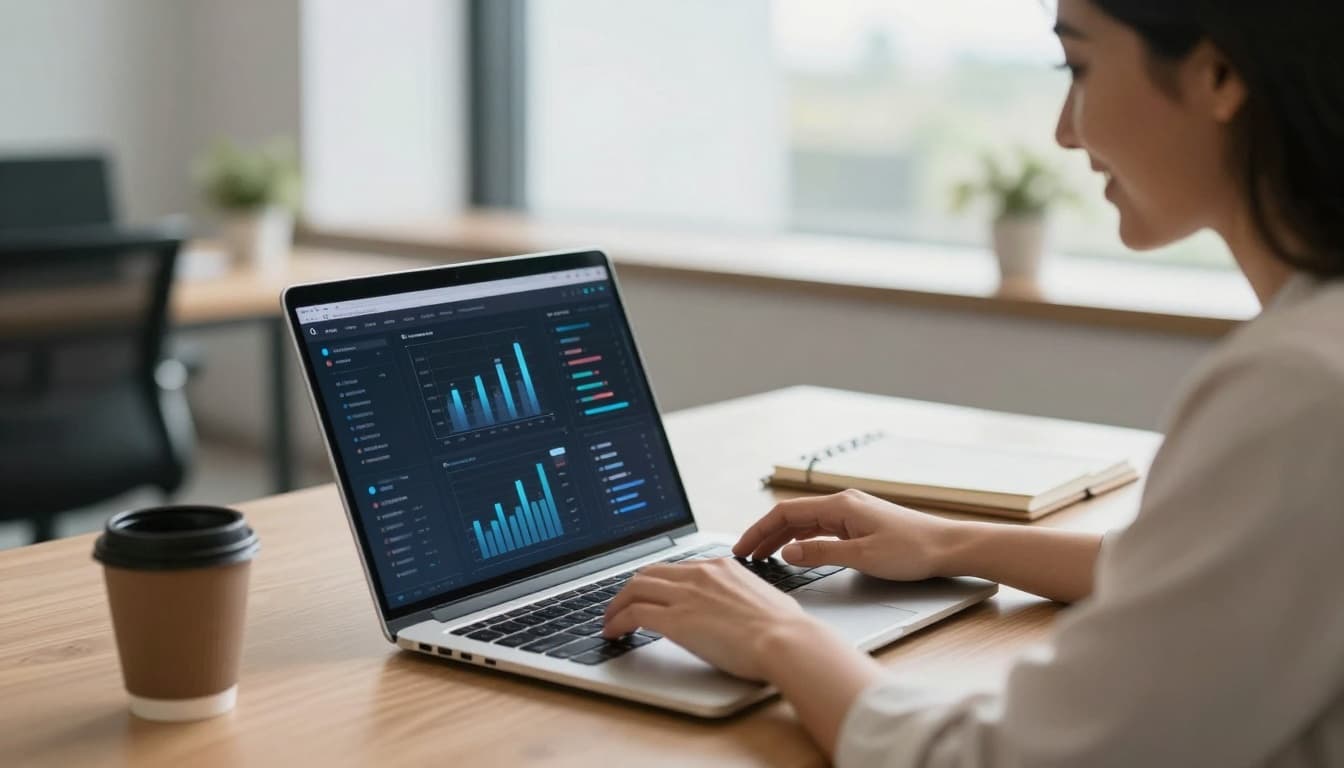 A smiling professional woman at a modern office desk uses a laptop showing an AI interface, reviewing data charts with a coffee mug and notebook nearby, bathed in natural daylight.