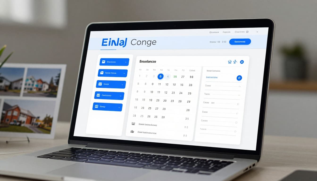 Photo-realistic close-up of a laptop screen showing a branded real estate dashboard with calendar, leads, email automation, and social planner in blue and white theme on a modern desk.