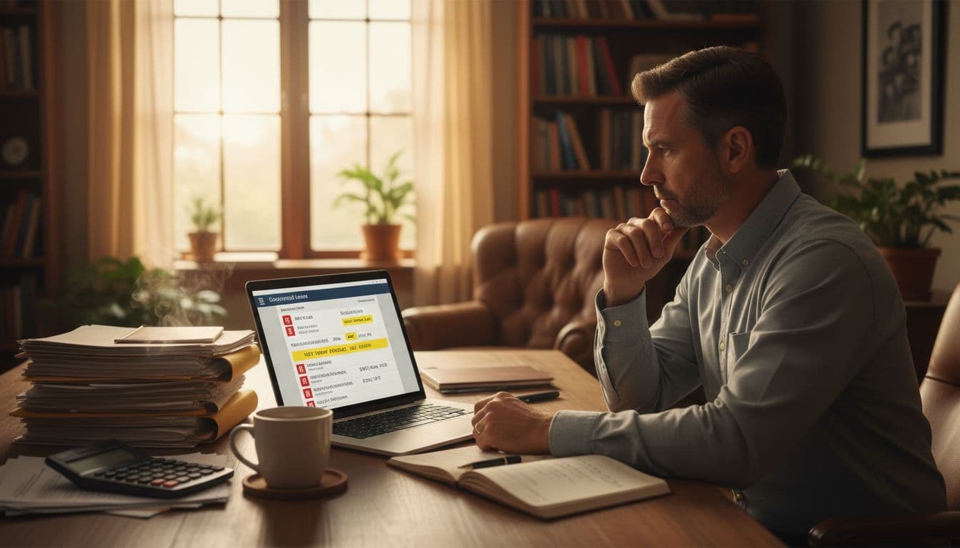 Photo-realistic landscape of a real estate investor in a home office, thoughtfully reviewing a summarized commercial lease on a laptop screen with highlighted risk flags and key terms checklist. Stacked documents, calculator, and coffee sit nearby under warm ambient light.