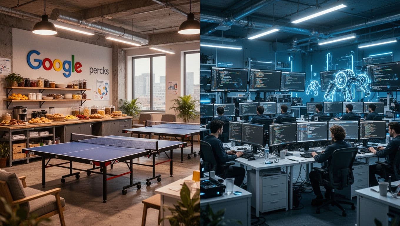 Split composition contrasts an empty old Google office with free food perks and ping pong tables in warm vibrant tones on the left, against a high-speed AI development lab with multiple screens in cool blues on the right, realistic digital art style with high detail architecture.
