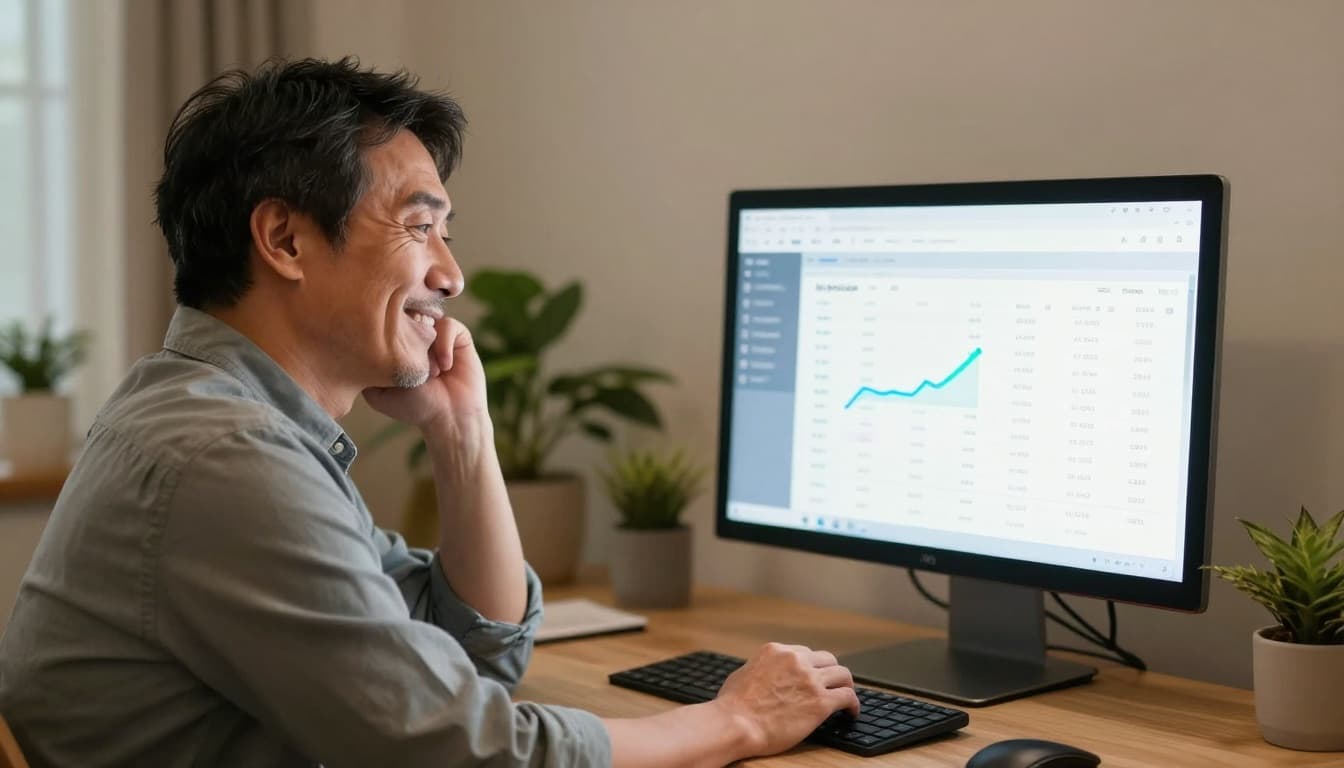A photo-realistic image of a middle-aged small business owner in a casual shirt, sitting at a wooden desk in a cozy home office, smiling relieved while viewing a clean AI-powered accounting dashboard on his computer screen displaying simple charts of automated financial reports.