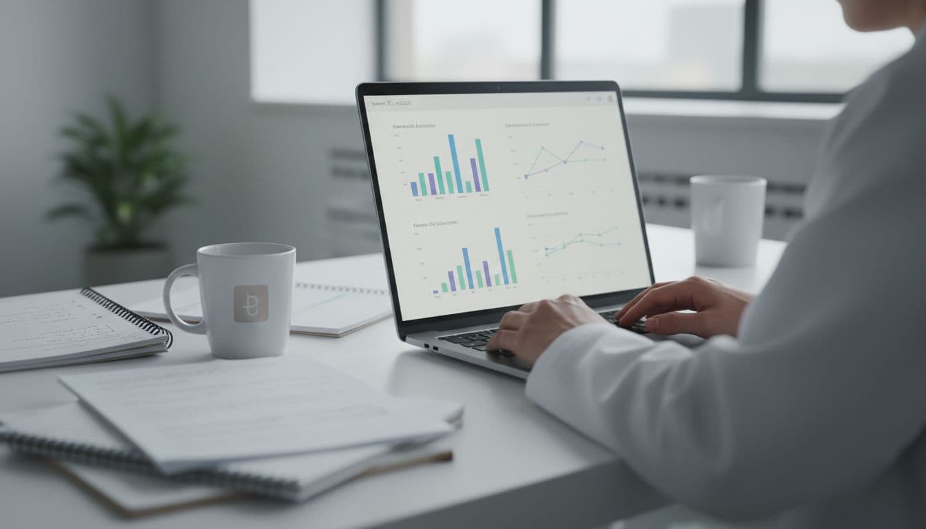 Photorealistic image of a researcher at a desk in a modern lab office, viewing a laptop screen displaying a DNA variant analysis dashboard with softly blurred graphs predicting gene expression and splicing changes, coffee mug and notes nearby, natural daylight.