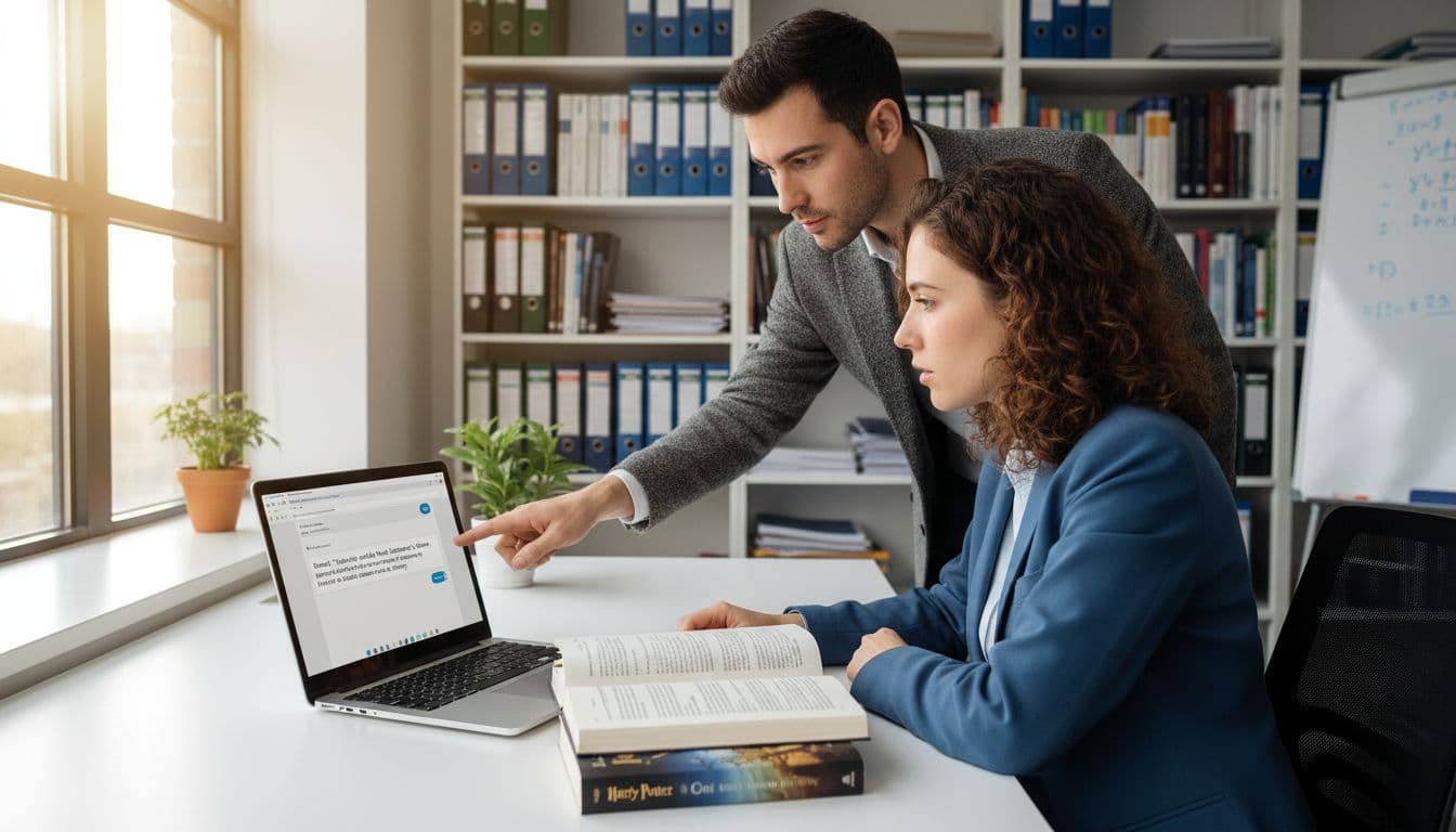Two researchers reviewing AI output next to a printed book