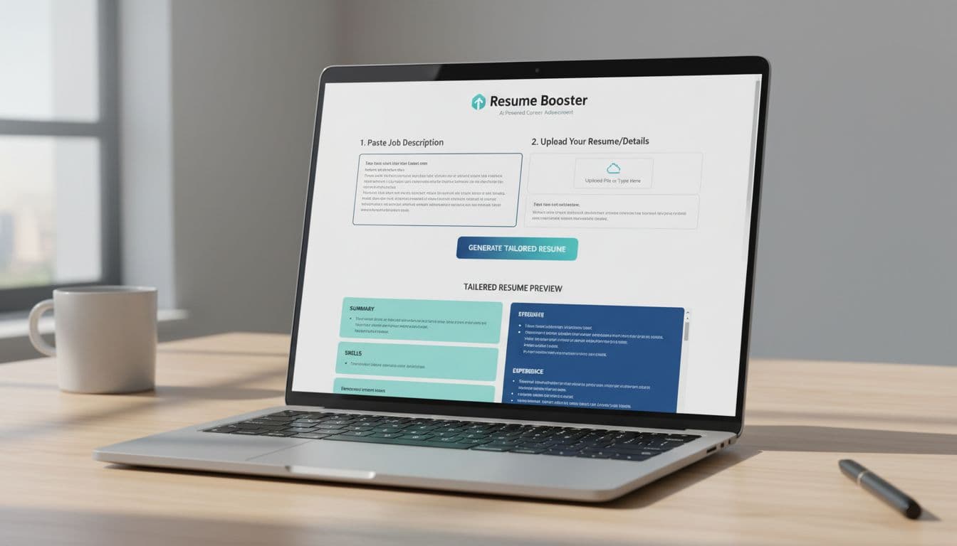 Photo-realistic mockup of Resume Booster, an AI SaaS web app interface. Users paste job descriptions on the left, upload resumes on the right, hit generate, and view tailored resume previews on a laptop screen in a soft-lit office desk setup.