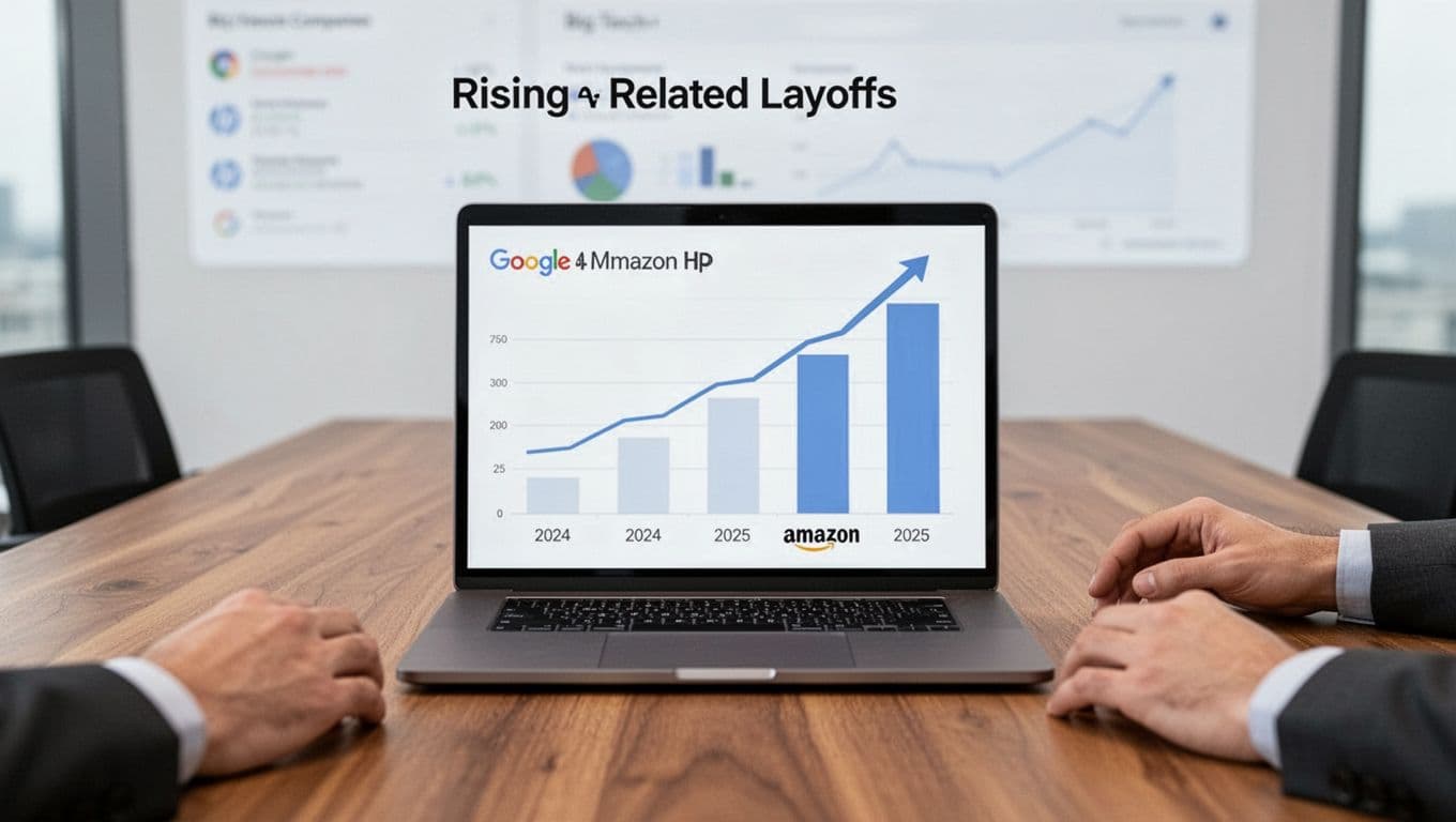 Minimalist bar graph on a laptop dashboard shows upward trend of AI-related layoffs in companies like Google, Amazon, and HP from 2024-2025. Wooden conference table foreground with resting hands, neutral lighting, data visualization style without readable text.