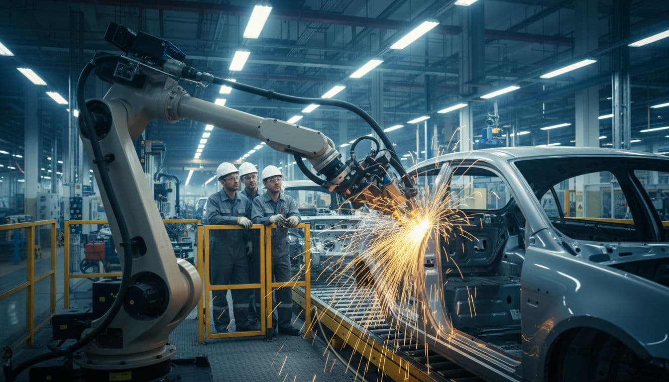 A robotic arm precisely assembles car parts in a busy industrial factory, with sparks flying nearby, workers in safety gear observing, and conveyor belts showcasing production line efficiency under bright overhead lights.