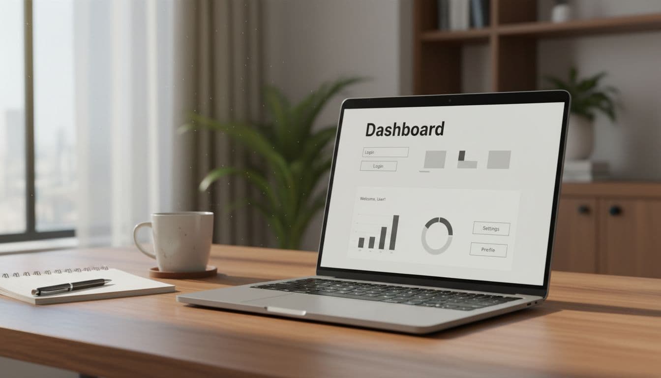 Photo-realistic image of a basic SaaS dashboard wireframe on a laptop screen at an angle on a wooden desk in a home office, with coffee mug and notebook nearby under soft natural light.