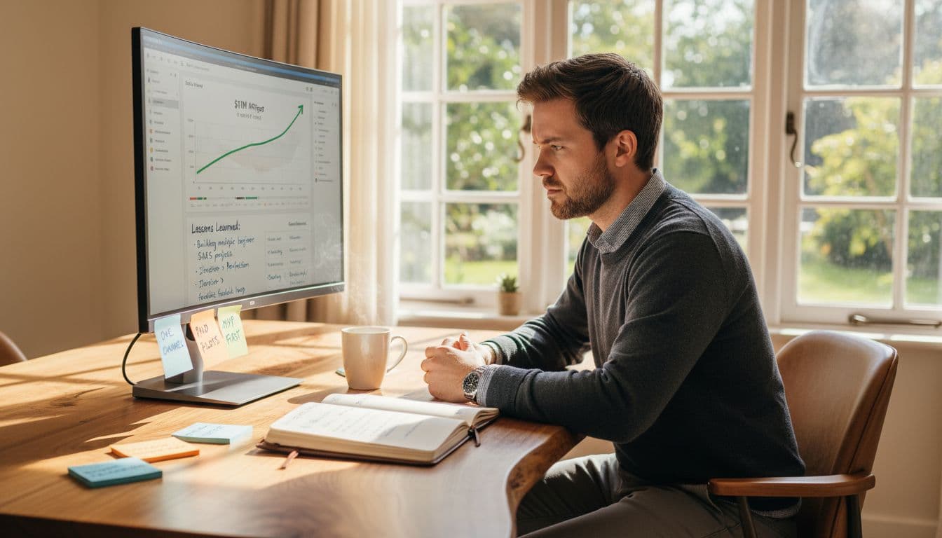 Photo-realistic landscape of a mid-30s male entrepreneur deeply focused on laptop screens showing SaaS revenue dashboards, growth to $1M ARR, and notes from beginner projects in a sunlit wooden desk setup with notebook, coffee, and sticky notes.