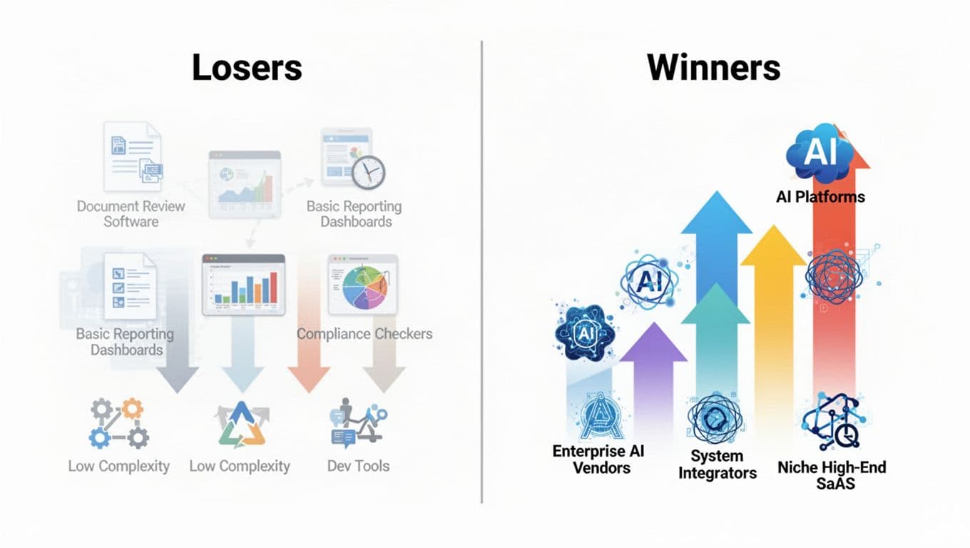 Split-screen illustration in modern flat design: left 'Losers' with fading traditional SaaS tools icons and downward arrows; right 'Winners' with vibrant AI platforms, enterprise vendors icons and upward arrows; clean divide, white background, landscape.
