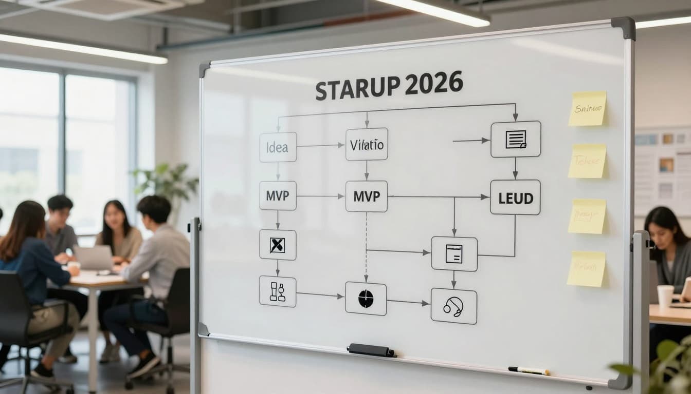 A photo-realistic image of a simple SaaS startup roadmap diagram for 2026 on a large whiteboard in a bright modern startup office, showing key steps like idea validation, MVP build, launch, and growth in a clean flowchart style with icons.