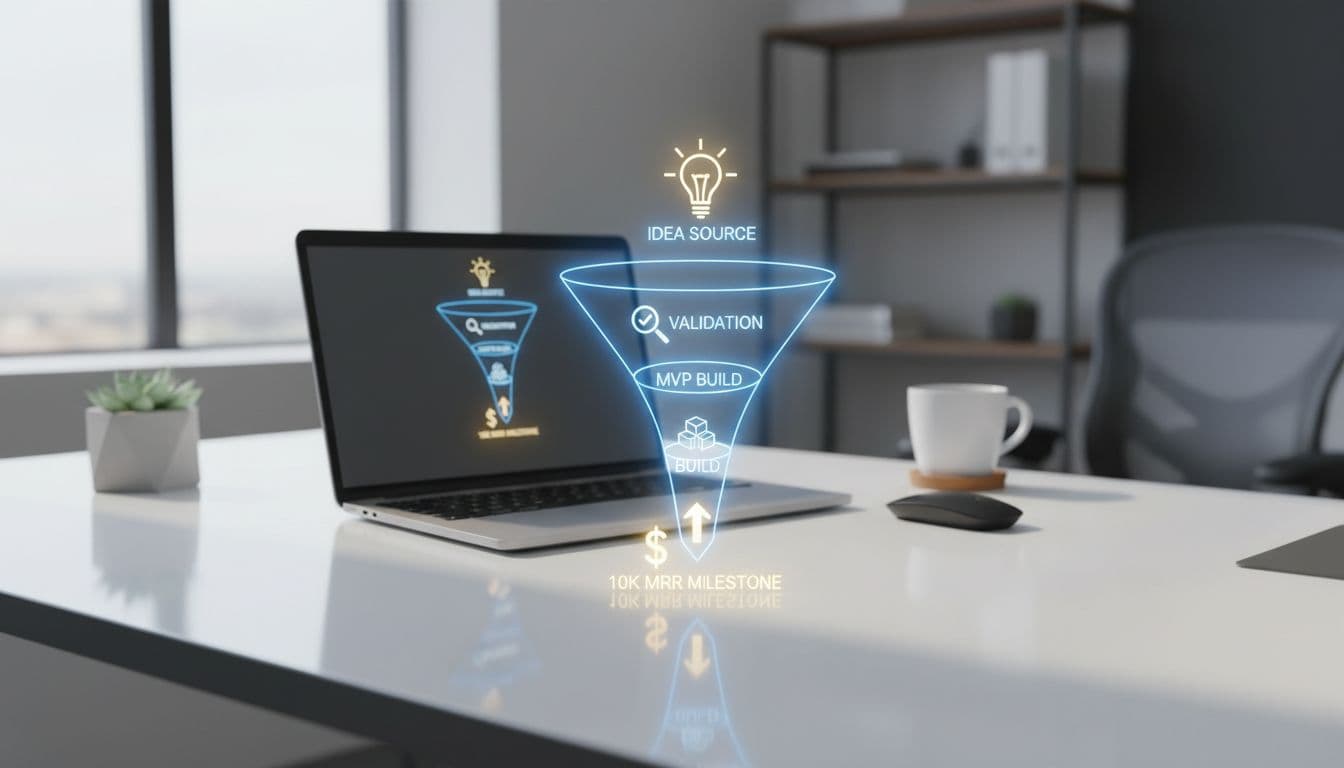Photo-realistic depiction of a sales funnel diagram on a modern office desk, with a laptop displaying stages from idea source, validation, MVP build, to $10k MRR milestone. Professional setup includes a coffee mug, natural lighting, and blurred background.