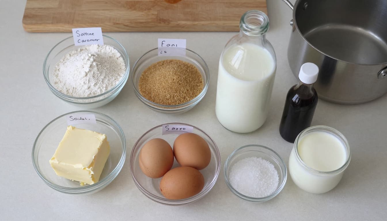 Clean kitchen countertop mise en place for baking a salted caramel cake, with measured ingredients in labeled glass bowls including flour, sugars, butter, eggs, milk, vanilla, cream, and sea salt.