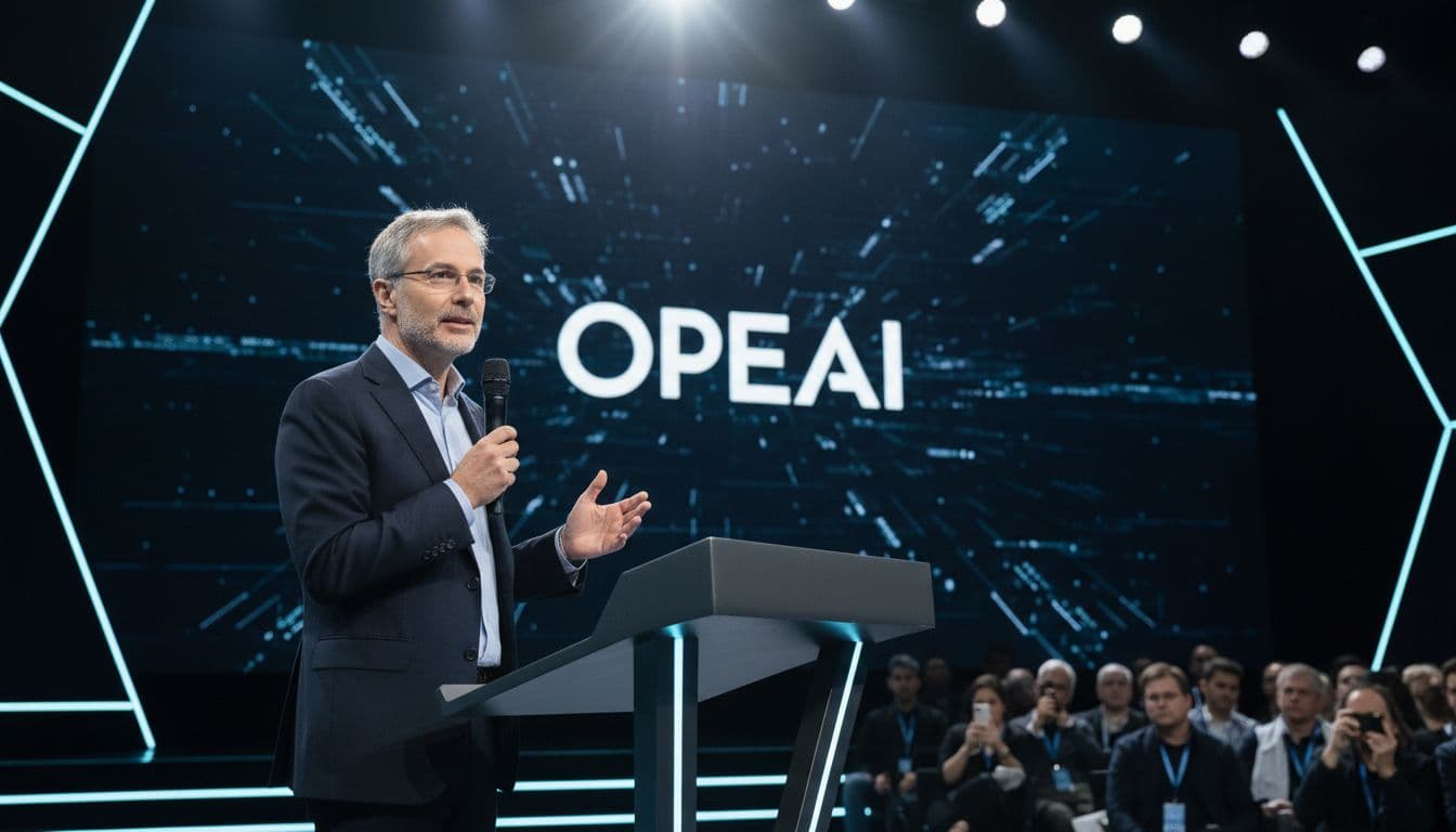 A realistic photograph of Sam Altman confidently speaking into a microphone at a modern conference podium, with a subtle OpenAI logo on the projection screen behind him and a blurred audience in the distance.