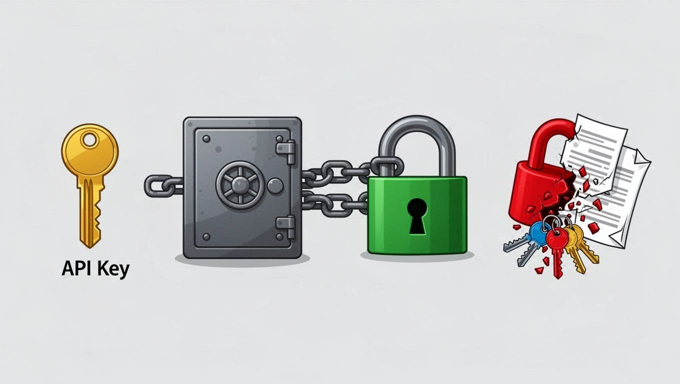Clean diagram-style illustration featuring a golden 'API Key' chained to a database vault and green padlock, contrasted with a broken red lock spilling keys and documents. Simple flat vector icons arranged horizontally on a light gray background for clear security visualization.