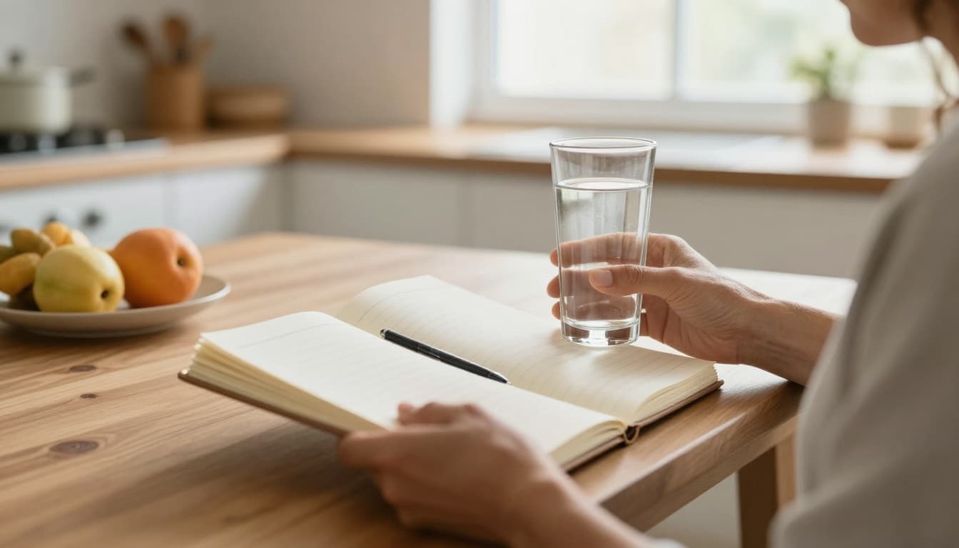 Photo-realistic image of a middle-aged person sitting calmly at a wooden kitchen table in soft morning light, holding an open food journal notebook with a pen and a glass of fresh water. Serene atmosphere with blurred background fruits, focusing on hands and items in natural colors.