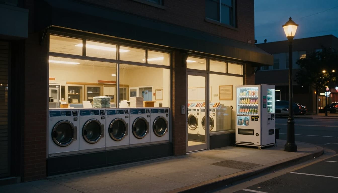 Photo-realistic landscape image of a quiet urban street at dusk, featuring a small laundromat storefront with warm glowing interior lights illuminating rows of washing machines and dryers through large windows, a subtle stack of cash on the counter, vending machines under a streetlamp, empty sidewalk, and soft city lights in the background, evoking a calm, reliable, and quietly profitable mood.