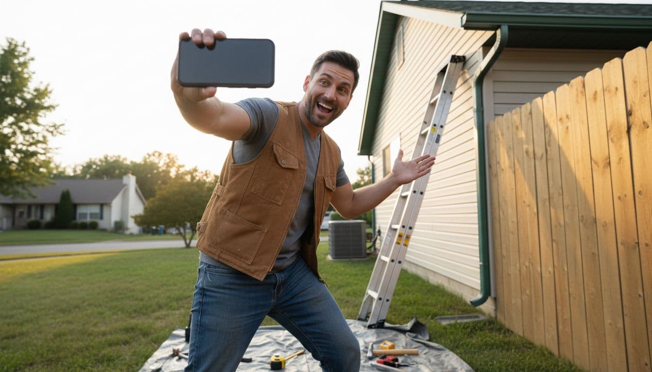 Photo-realistic image of a service worker in casual clothes holding a smartphone to record a video at a home repair job site, with tools and ladder in the background, natural daylight, and dynamic action pose.