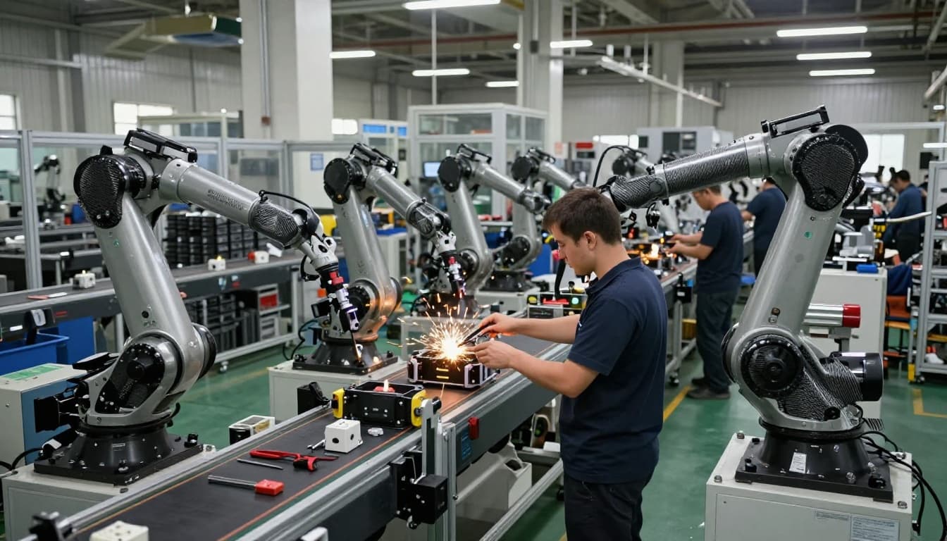 Photorealistic wide shot of a busy high-tech factory production line in Shanghai where robotic arms and human workers assemble humanoid robot joints using carbon fiber linkages, motors, conveyor belts, and detailed machinery in a clean room environment.