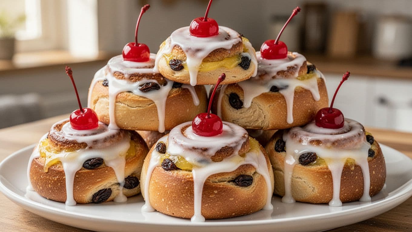 A close-up view of six freshly made Belgian buns arranged in a pyramid on a white plate, each topped with thick white icing dripping down the sides and a bright red glacé cherry. Golden-brown dough swirls reveal lemon curd and sultanas, captured in realistic professional food photography with soft lighting and shallow depth of field.